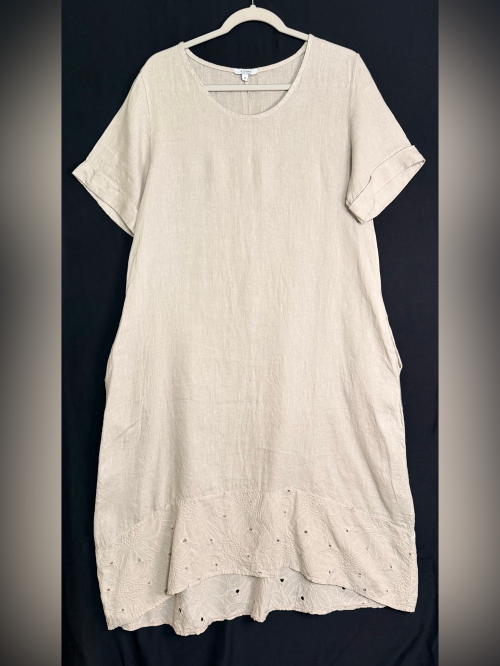 Rosemarie Italian Linen Light Beige Linen Midi Dress eyelet trimmed hem Pockets